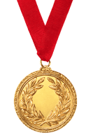 Gold medal with red ribbon. Victory, success, and honor concept.