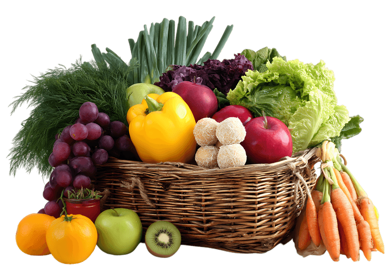 Fresh fruits and vegetables in a wicker basket food