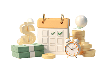3D illustration of financial planning elements,  dollar sign, calendar, coins, alarm clock, and lightbulb.