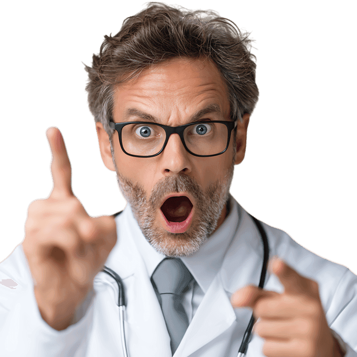 Shocked doctor points a finger.