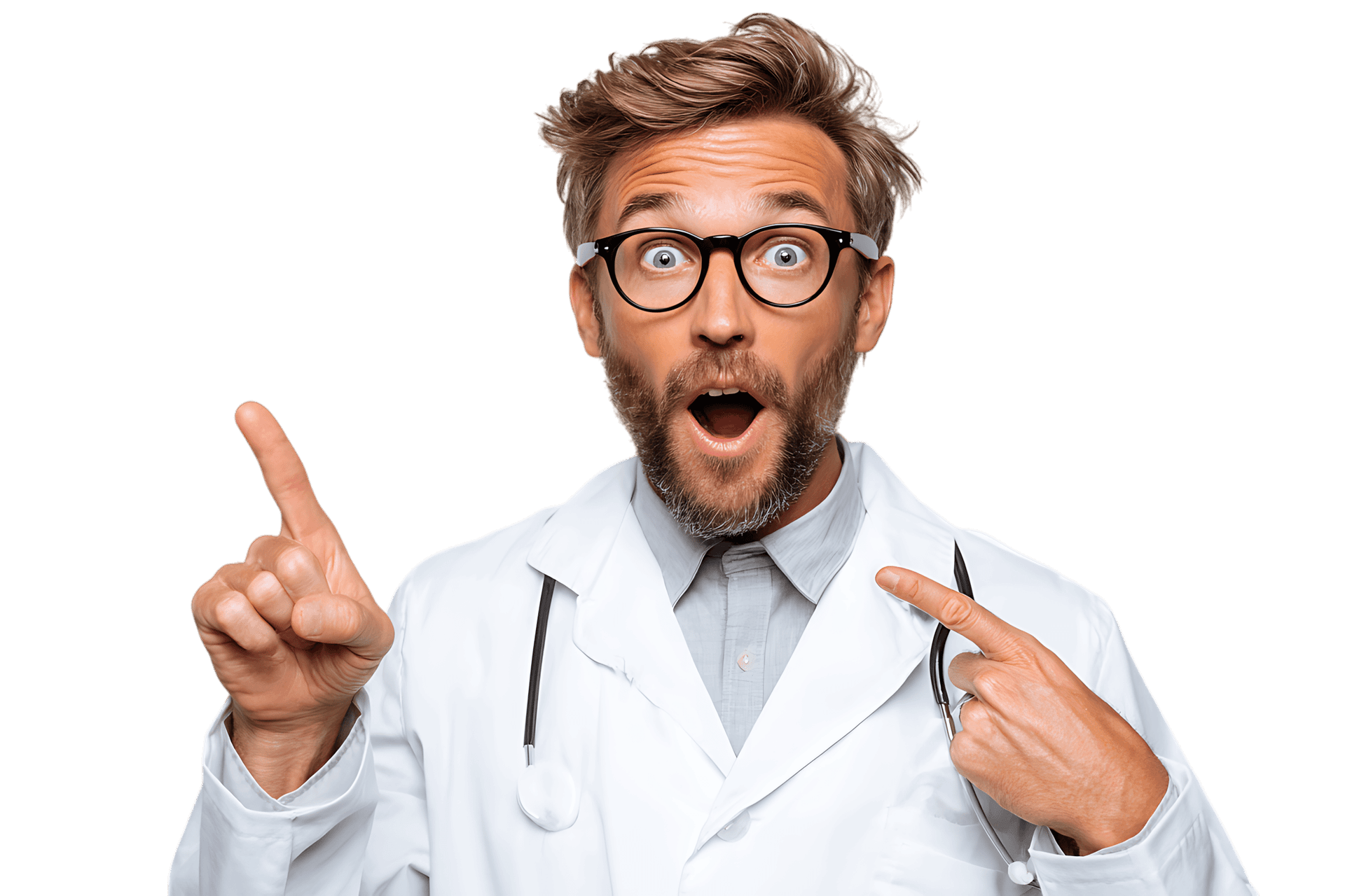 Surprised doctor pointing upwards