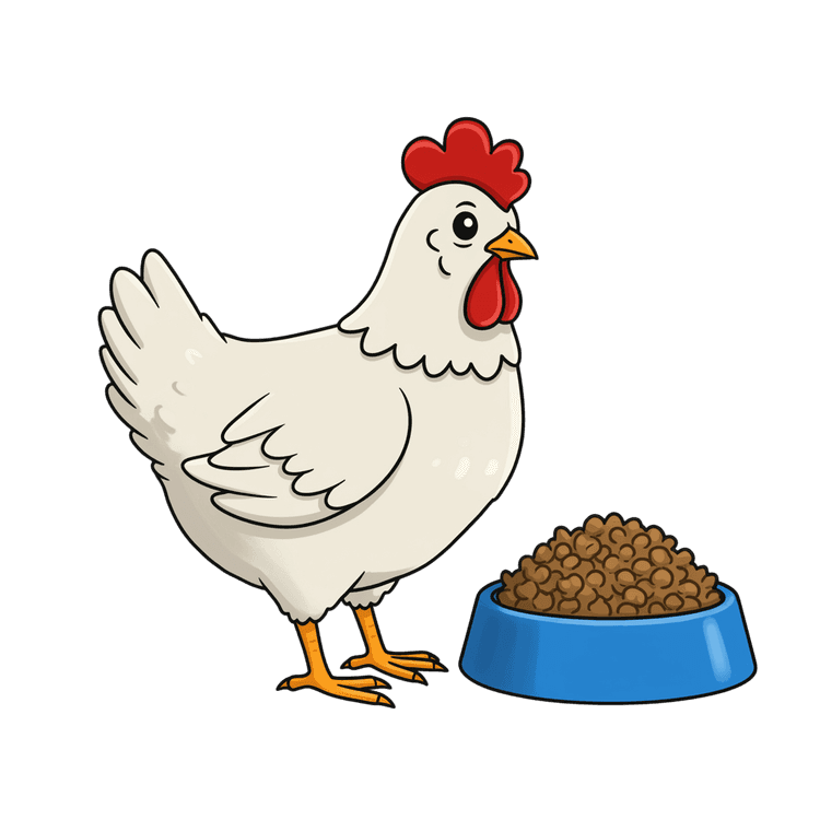 Cartoon chicken with bowl of feed illustration