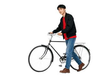 Young man walking with bicycle on transparent background