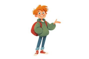 Cartoon boy with backpack pointing, for school or education