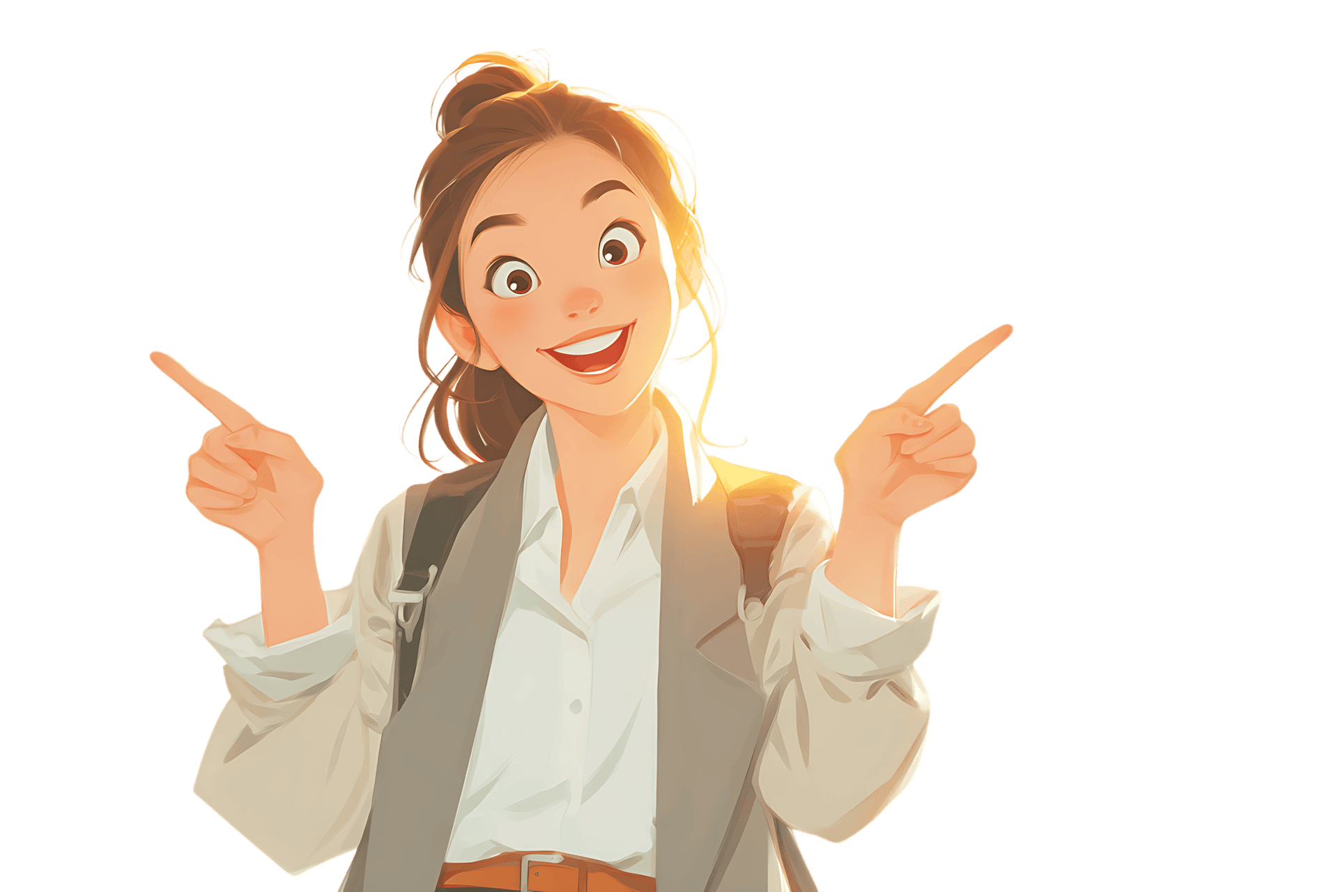 Woman pointing in opposite directions with a big smile