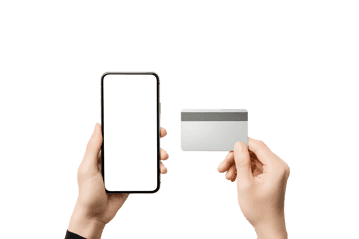 Hands holding smartphone and credit card for contactless payment.