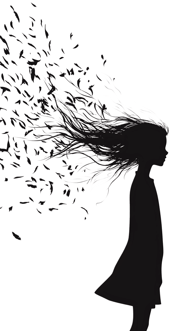 Abstract art, girl silhouette, flowing hair, dark background