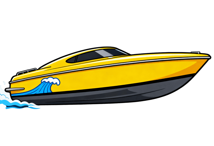 Illustration of a cartoon yellow speedboat on the water