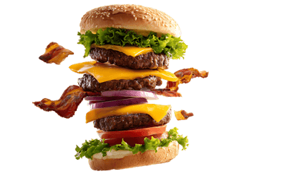 Triple decker burger with bacon, cheese, and lettuce.