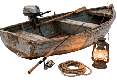 Old fishing boat with motor, lantern and fishing pole