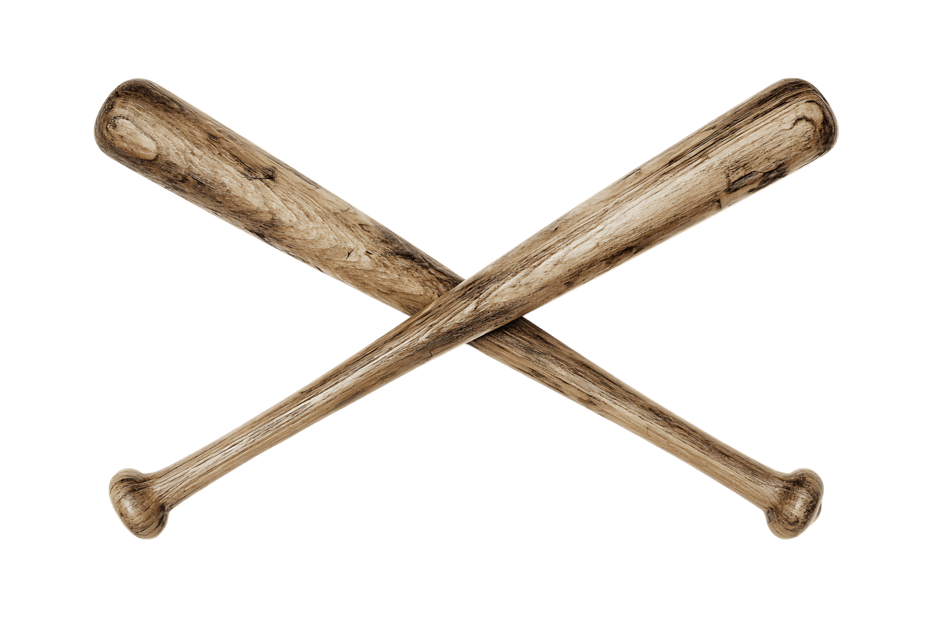Pair of crossed baseball bats, sport equipment.