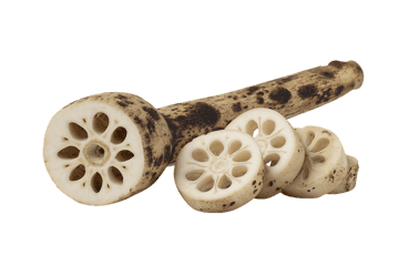 Close up of lotus root, sliced and whole.