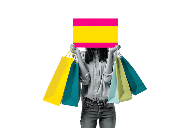 Woman hiding face with colorful shopping bags and a sign.