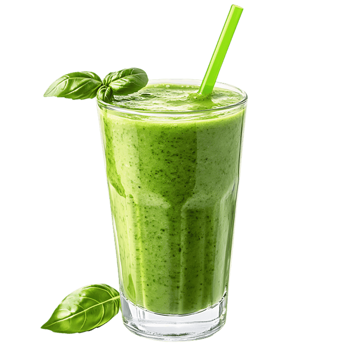 Refreshing green smoothie with basil garnish.