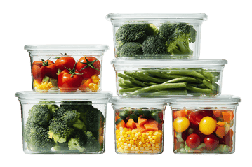 Fresh vegetables in plastic containers.