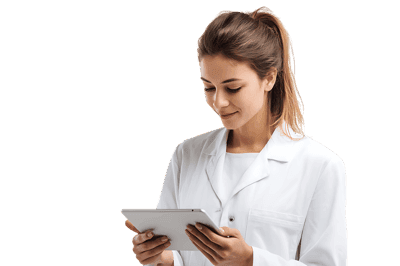 Smiling female doctor using digital tablet. Healthcare, technology, medical.