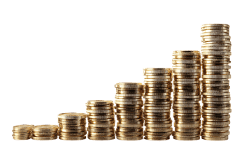 Ascending piles of gold coins represent financial growth and wealth.