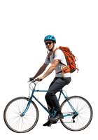 Man with helmet and backpack riding bicycle