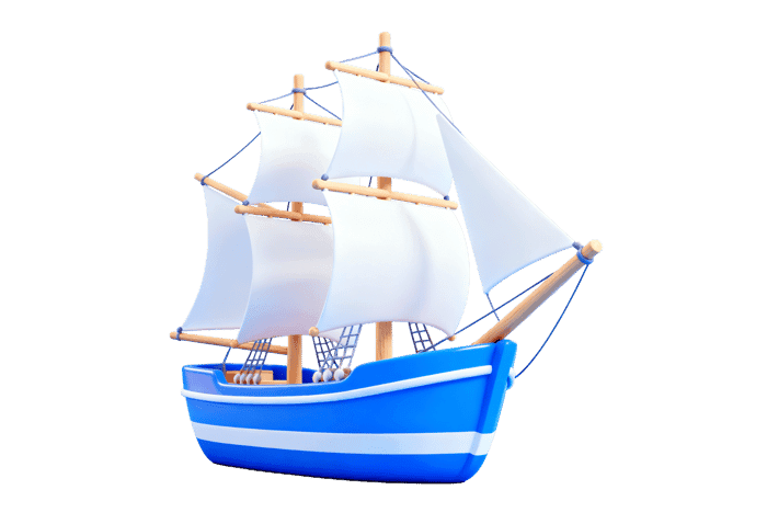Cartoon sailing ship with white sails on a blue hull