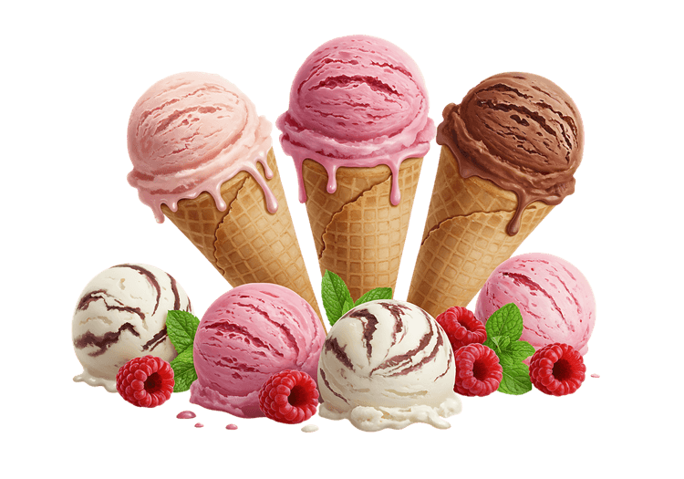 Delicious ice cream scoops in waffle cones with raspberries294