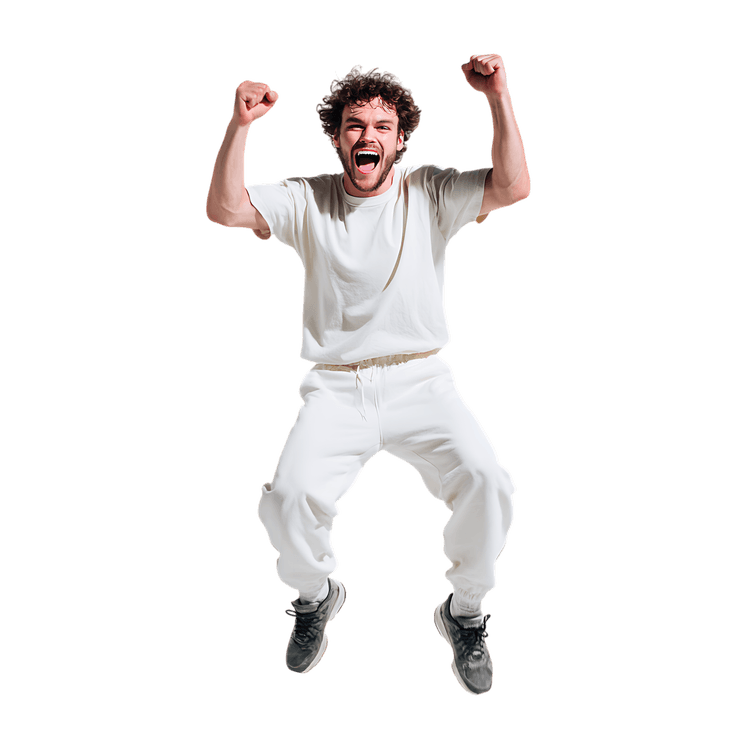 Man jumping with joy, celebrating victory and achievement.