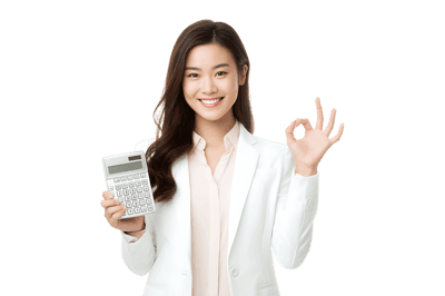 Smiling businesswoman holding calculator, OK sign.