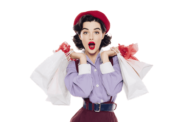 Surprised woman with shopping bags, retro style.