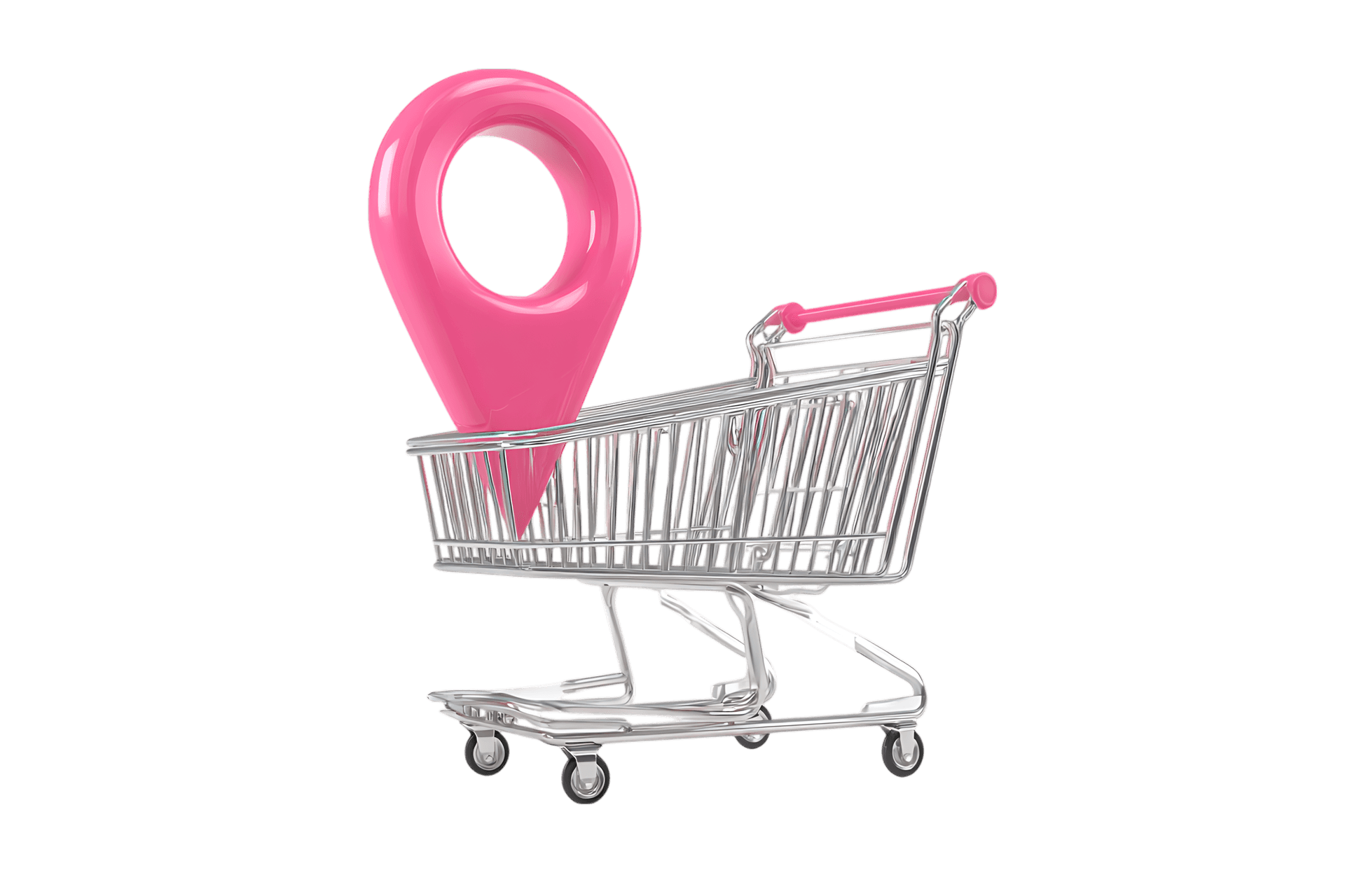 Pink location pin in shopping cart. Online shopping, delivery, location based services concept.