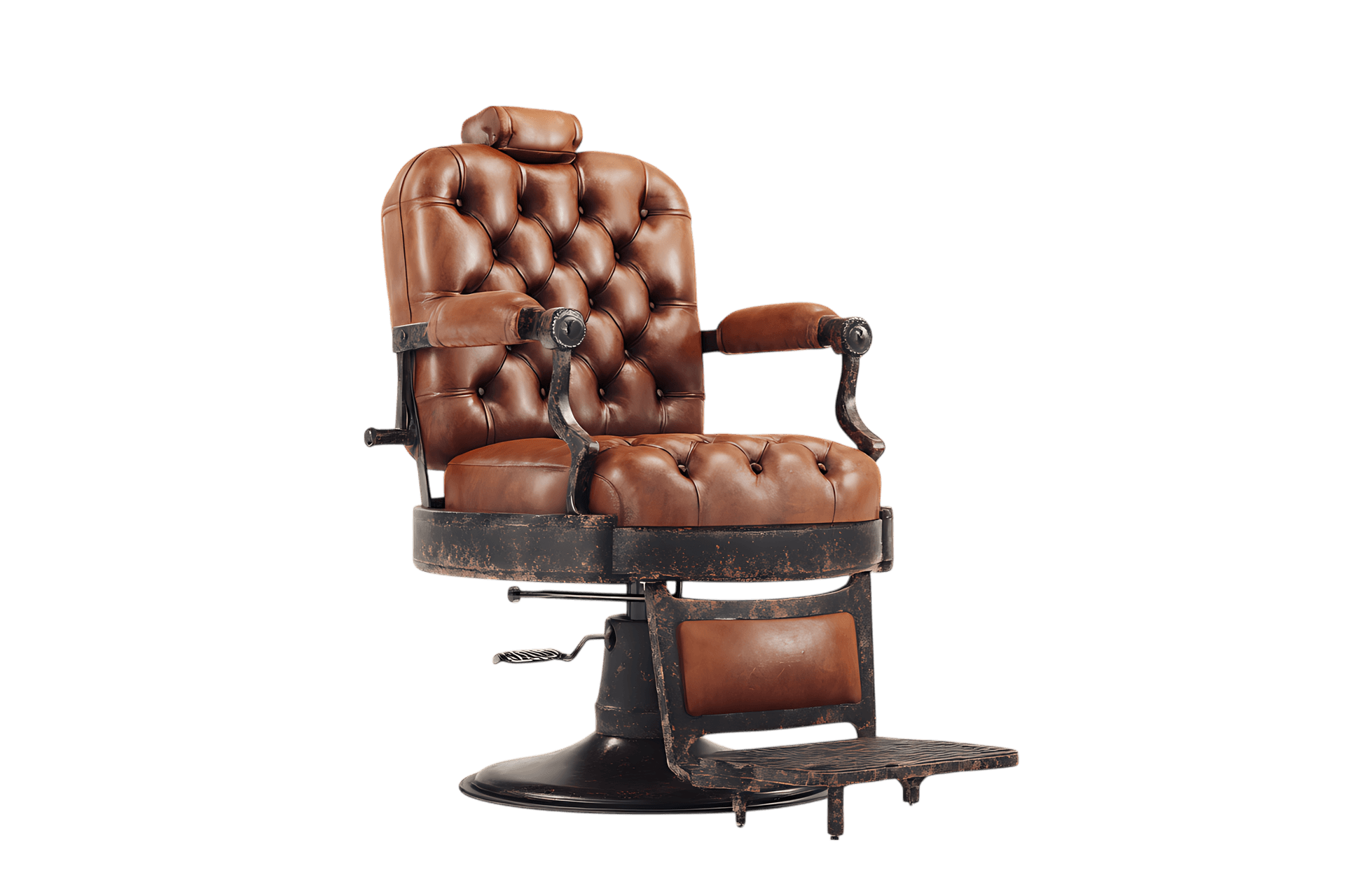 Brown leather barber chair, classic design.