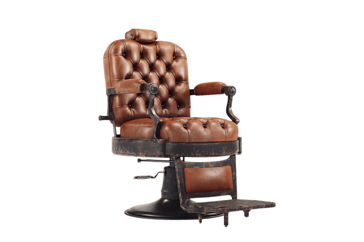 Brown leather barber chair, classic design.