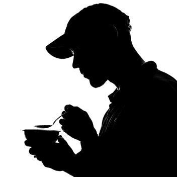 Side profile silhouette of a person eating from a bowl.