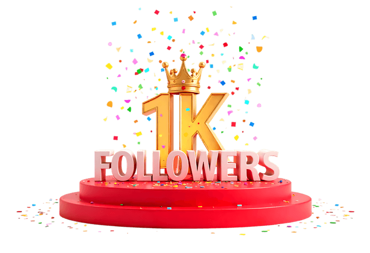 Golden 1K followers text with crown on red podium, colorful confetti, social media milestone concept