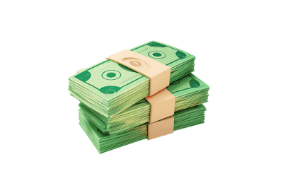 Three stacks of money tied with bands. Wealth, finance, and prosperity concept.