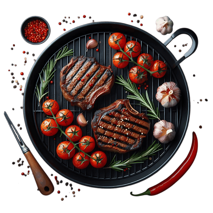 Grilled steaks with cherry tomatoes, garlic, and rosemary.