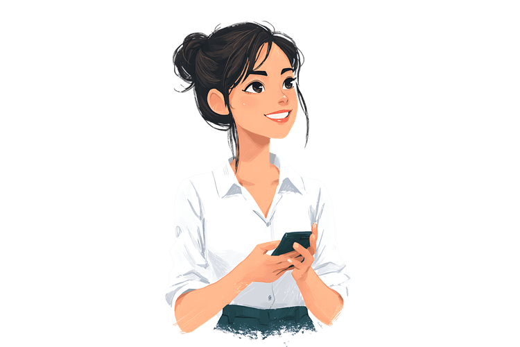 Smiling young woman using mobile phone.  Positive digital communication concept.