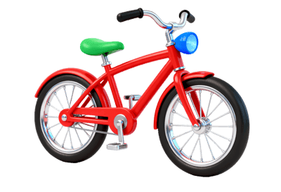 Red bicycle with green seat and blue headlight