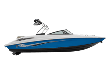 Blue and white powerboat on black
