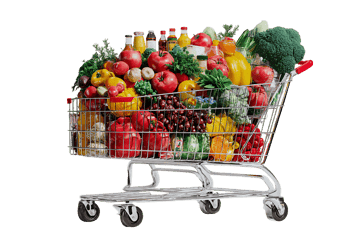 Full shopping cart of fresh fruits, vegetables, and groceries.