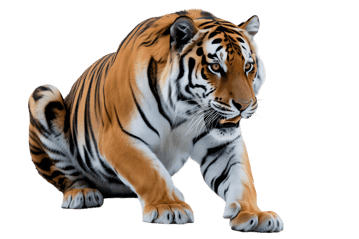 Crouching bengal tiger ready to pounce, isolated on transparent