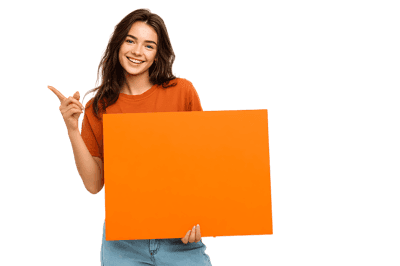 Smiling woman pointing at a blank orange sign348.