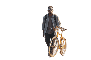 Man walking his bike. Urban commute, sustainable transport.