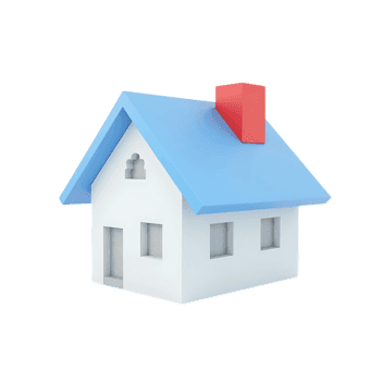 Minimalist 3D rendered house with blue roof and red chimney, symbolizing home or real estate concept