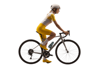 Female cyclist riding a bicycle, wearing helmet