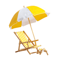 Yellow and white beach chair and umbrella isolated on black, perfect for summer vacation themes