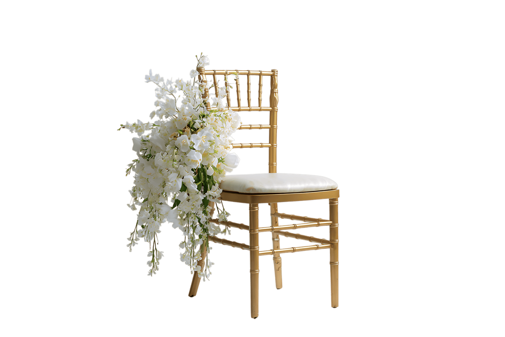 Gold chiavari chair decorated with white flowers for wedding or event