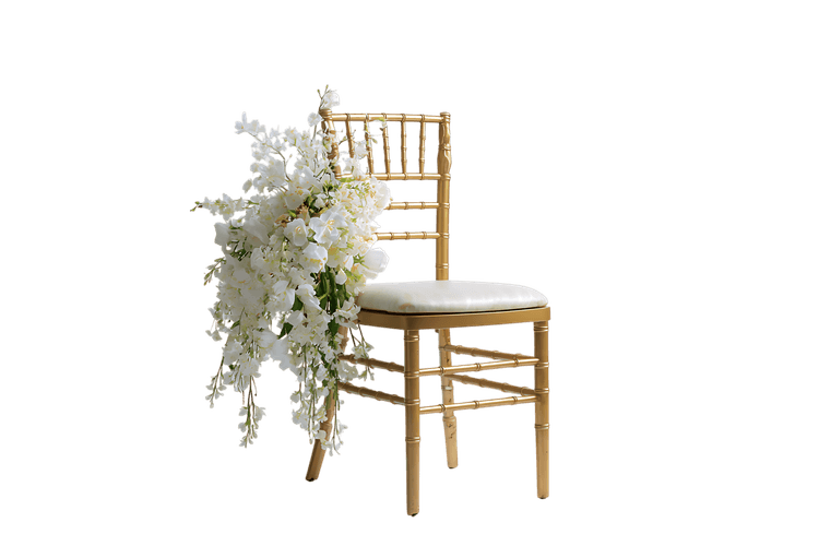 Gold chiavari chair decorated with white flowers for wedding or event