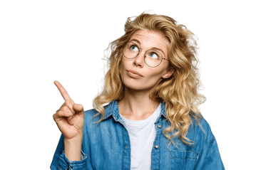 Woman with glasses pointing up, having an idea.