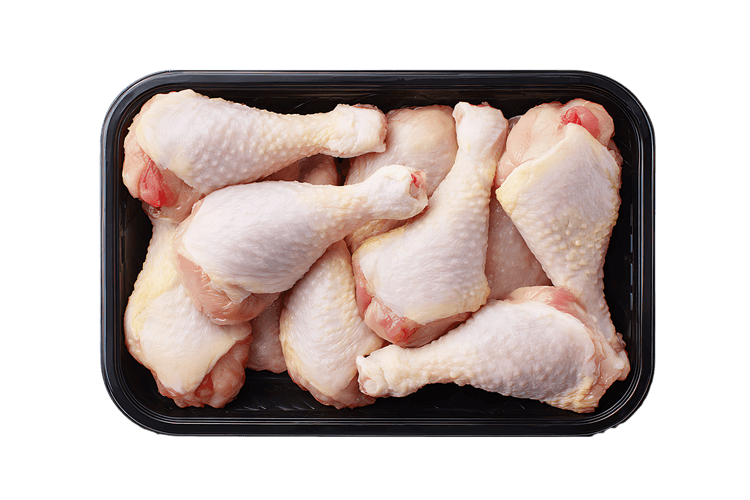 Fresh, raw chicken drumsticks arranged neatly in a black plastic tray. Ready for cooking.