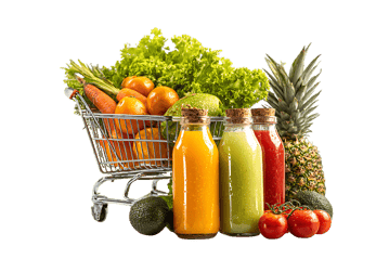 Fresh fruit and vegetable juices with shopping cart.