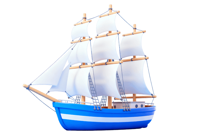 Stylized 3d sailing ship with white sails and blue hull